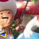 Mario leaps back in fear after Toad warns him about a poisonous Mushroom